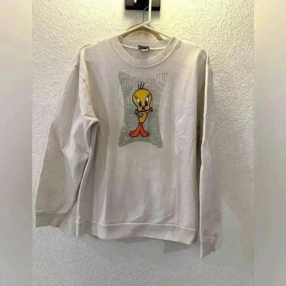 Warner Bros. Tops - Vintage 1993 Looney Tunes Tweety Sweatshirt Sequin Patch White Unisex Loungewear